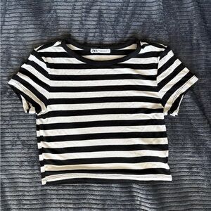 Zara Black and White Striped Short Sleeve Tee
